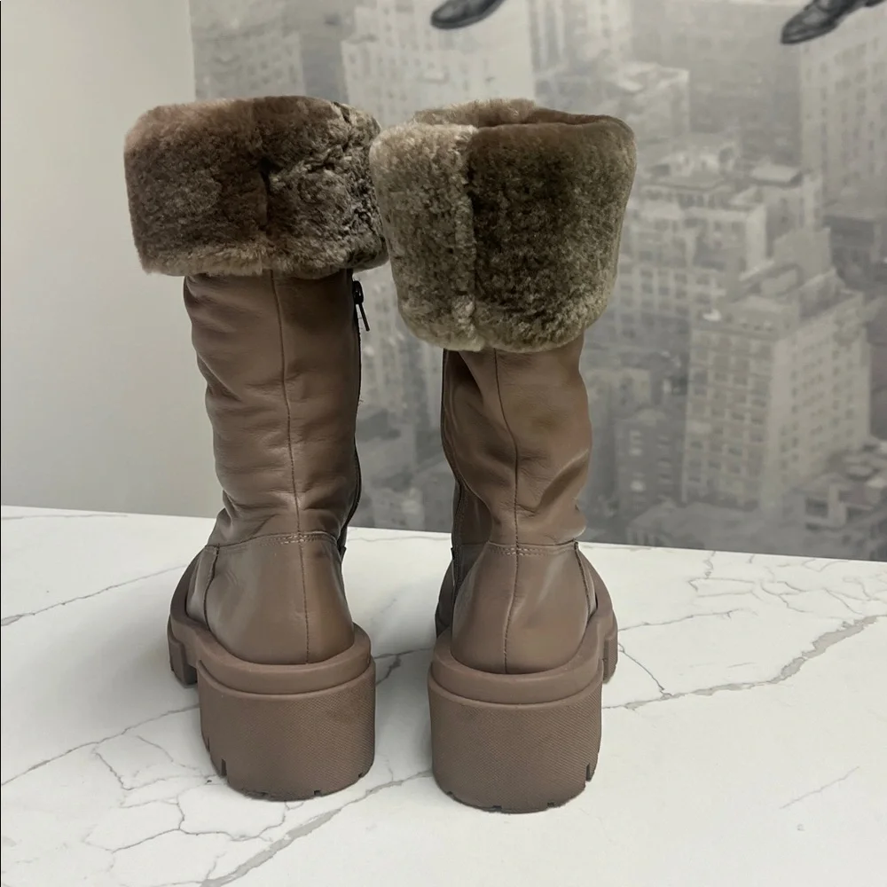 Free People Charlee Chunky Mid Boots Fur Cuff Lug Sole Taupe Minky Brown US 10